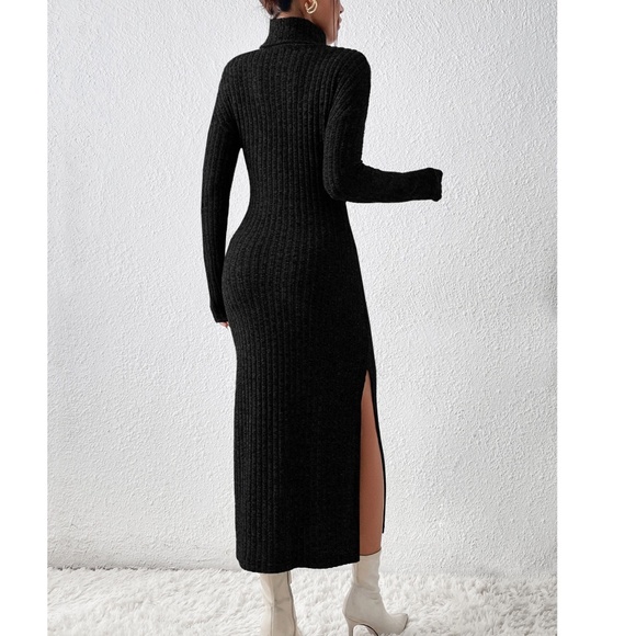Classic Black Ribbed Turtleneck Split hem Long Sleeve Sweater Dress - Picture 2 of 4